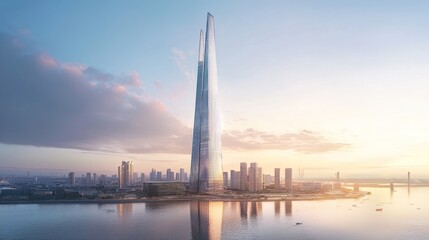 Sleek, modern skyscraper reflected in calm water at sunrise.