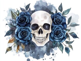 A stylized watercolor illustration of a skull wearing blue flowers.
