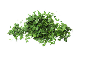 Obraz premium Chopped parsley leaves isolated on white, top view