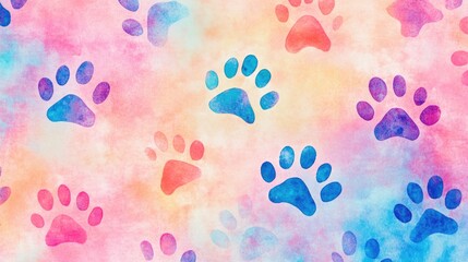 Pastel-colored paw prints on a soft, watercolor background.