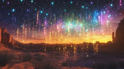 Fototapeta premium A breathtaking view of a colorful meteor shower illuminating the night sky over a serene desert landscape at sunset.