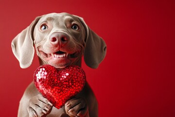 Weimaraner - my treasured dog. Digital ads pattern. Cute weimaraner pooch with sparkling rhinestones red heart - sign of love, funny greeting card. Dog valentine ideas. Puppy love. Pet love.