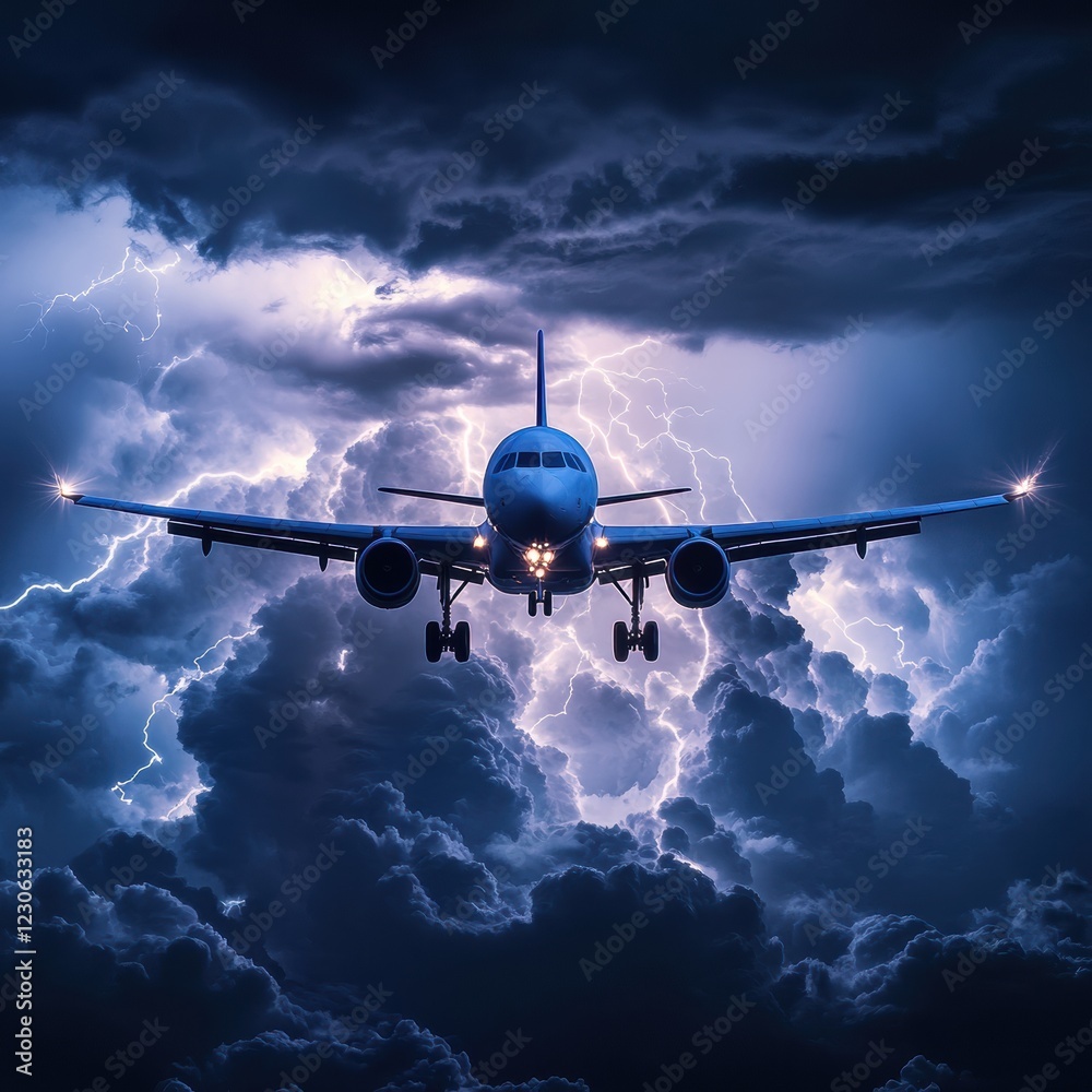 Poster Airplane navigating through turbulent storm clouds with lightning illuminating the sky. Generative AI