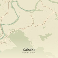 Obraz premium Retro Spanish map of Zabalza, Comunidad Foral de Navarra. Vintage street map.