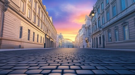 A stunning Renaissance city square at golden hour, surrounded by grand palaces with intricate frescoes and marble statues.