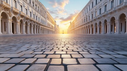 A stunning Renaissance city square at golden hour, surrounded by grand palaces with intricate...