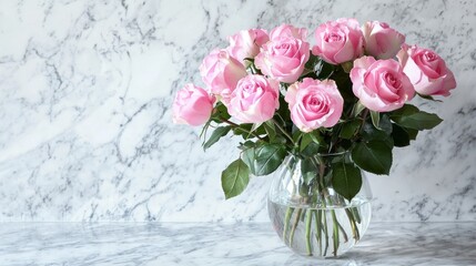 Pink roses in a glass vase on marble.