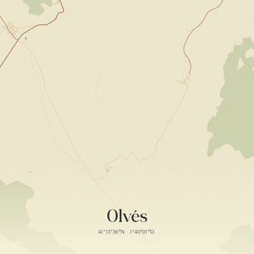 Retro Spanish map of Olv�s, Arag�n. Vintage street map.