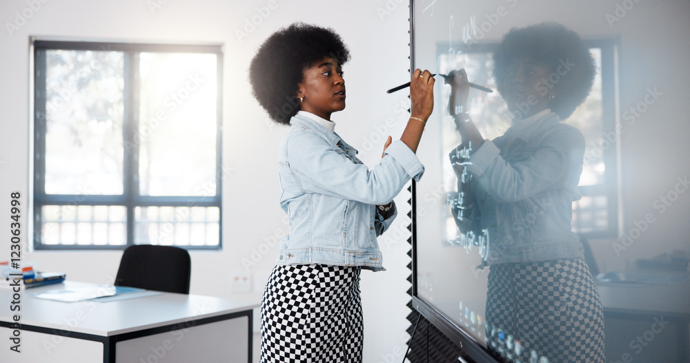 Poster teacher, black woman and smart board in classroom for explaining rules, exam and math education. dig