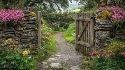Stone wall garden path leads to wooden gate