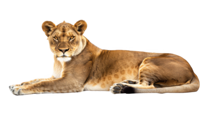 Lying affrican lioness, isolated on transparent background.