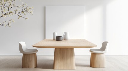 Scandinavian dining room, large wooden table, neutral tones, minimalist design, cozy atmosphere