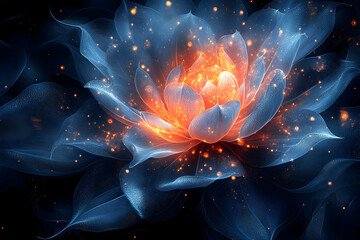 Glowing Blue And Orange Abstract Flower With Sparks