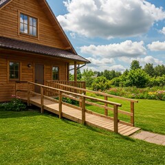 Fototapeta premium Photorealistic square image of a modern wooden high-tech country house. Sunny summer day with blue sky and white clouds. Green lawn with flowers, wheelchair-accessible wooden ramp, and empty space for