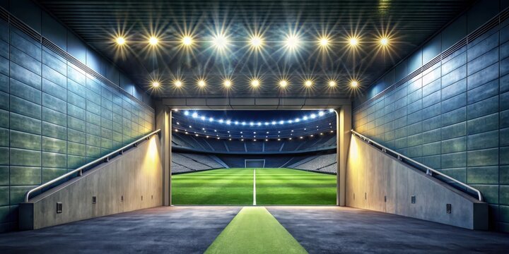 A tunnel leading to a stadium with floodlights and a large scoreboard, scoreboard