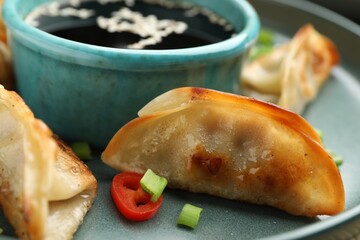 Fried gyoza dumplings with green onions, chili peppers and soy sauce on table, closeup