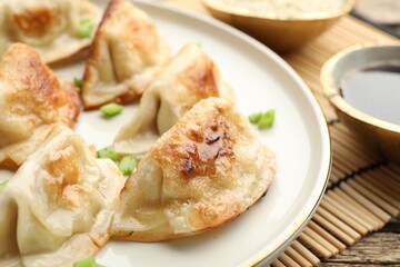 Delicious fried gyoza dumplings with green onions served on table, closeup