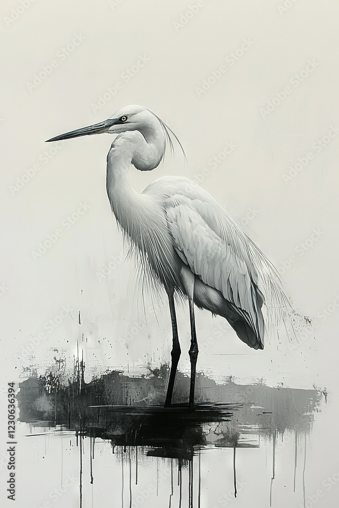 Sticker   A monochrome depiction of a bird perched on water with an elongated beak and limbs