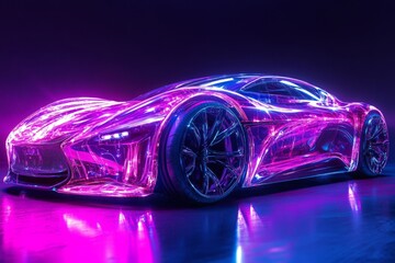 Naklejka premium A car with neon lights on it. The car is purple. The car is on a dark background