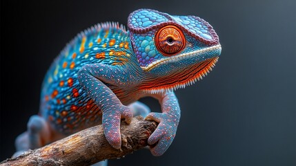 Fototapeta premium Vibrant chameleon perched on a branch, showcasing its colorful skin against a blurred background