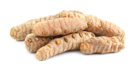 Pile of fresh turmeric roots isolated on white