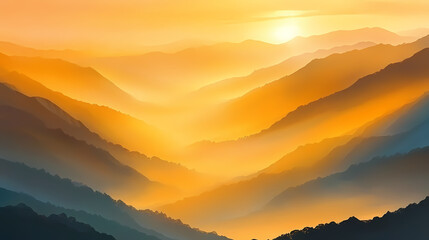 Obraz premium Sunlight pierces through misty ridges at dawn, painting the mountain valley below with shades of gold and amber. Amber Valley. Illustration