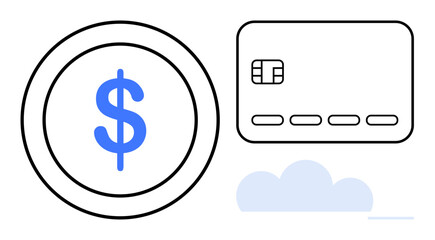 Coin with dollar sign, credit card, and cloud shape representing digital payments, savings, finance management, e-commerce, banking, mobile transactions and cloud technology. Line metaphor