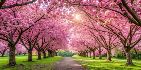 Cherry Blossom Garden in Full Bloom with Vibrant Pink Petals and Lush Greenery, lush, colorful,  lush, colorful, springtime