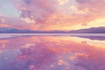 Gordijnen Pink sunset sky reflected on a calm, still salt flat, mirroring the mountains in the distance. © Isuru