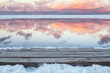 Serene winter landscape with a wooden dock reflecting a stunning sunset sky.