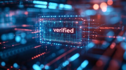 Naklejka premium Verified Data Cube Glowing in Digital Network