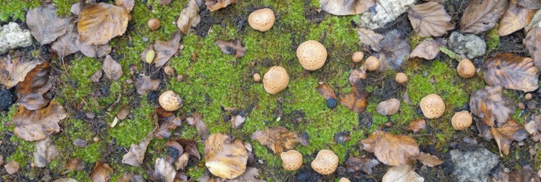 Top view of mushrooms on green mossy forest floor with fallen leaves and rocks - Powered by Adobe