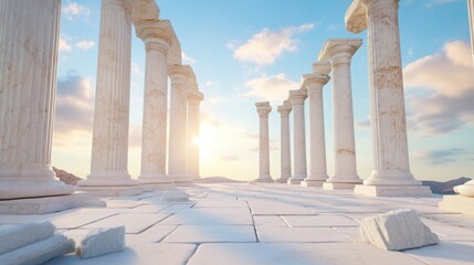 Stunning professional photography of an ancient Roman city at dawn, with grand marble columns, intricate mosaics