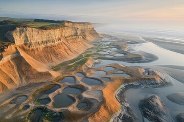 Aerial view of a dramatic coastline with eroded cliffs, revealing layered rock formations and numerous tidal pools at sunset.