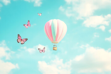 Fototapeta premium Colorful hot air balloon floats among butterflies in a clear blue sky during a sunny day with copy space