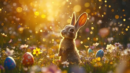 Easter Bunny in a Spring Meadow with Eggs