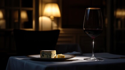 Obraz premium Red wine and blue cheese on a table in a dimly lit restaurant.