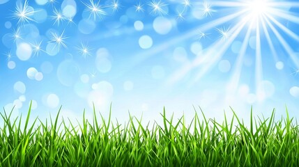 Fototapeta premium A serene spring meadow, bathed in sunlight, showcases vibrant green grass against the vast blue sky. The composition includes an abstract background with soft bokeh effects and an area for text