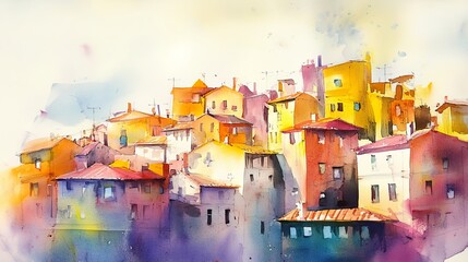 A lively watercolor painting depicting a cluster of colorful Mediterranean village houses with a bright, cheerful atmosphere.