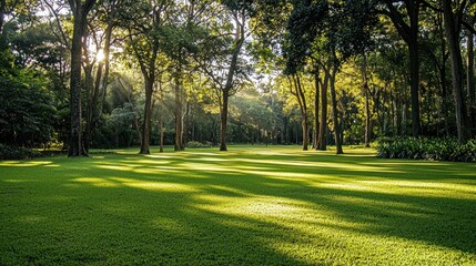 Sunlit park with lush green grass and tall trees casting shadows.