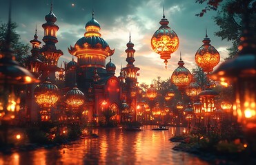 Obraz premium Illuminated Lanterns and Ornate Domes by a River at Twilight, Creating a Mystical Atmosphere