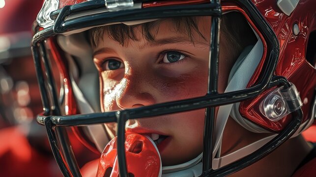 Young American football player taking a break with his mouth guard hanging from his helmet during a team practice session