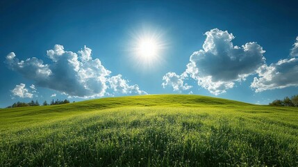 Rolling green hills under a bright blue sky with fluffy clouds and the sun shining in the center