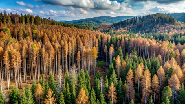 Dead pine trees with extensive bark beetle infestation in a dense Morvan forest setting, showcasing the devastating impact on the tree's health and structure , morvan forest, tree mortality