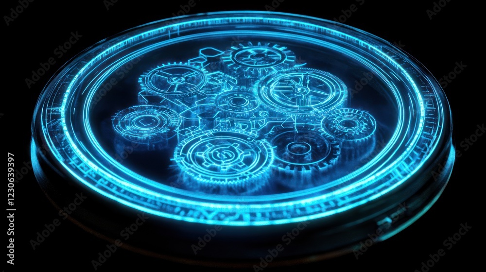 Poster Glowing Blue Gears Rotating Within Circular Frame
