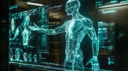 Glowing Cyan Hologram Human Body Interacting with Futuristic Interface