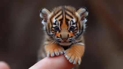 Tiny baby tiger with striking fur pattern sitting on a human finger, looking fierce yet adorable