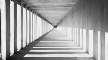 Fototapeta premium Monochrome photo of a long corridor with concrete pillars casting shadows.