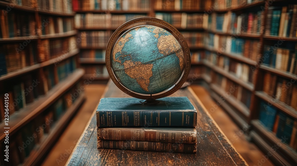 Poster globe resting on books in a grand library