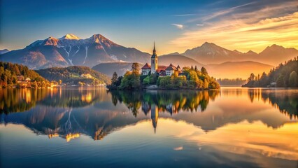 Obraz premium Panoramic lake Bled view at sunrise
